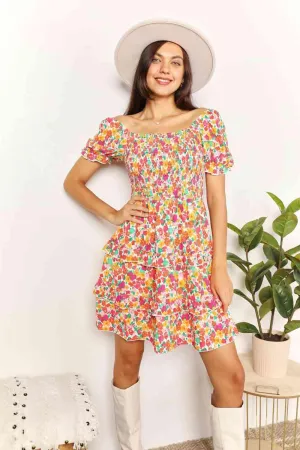 Double Take Smocked Sweetheart Neck Flounce Sleeve Mini