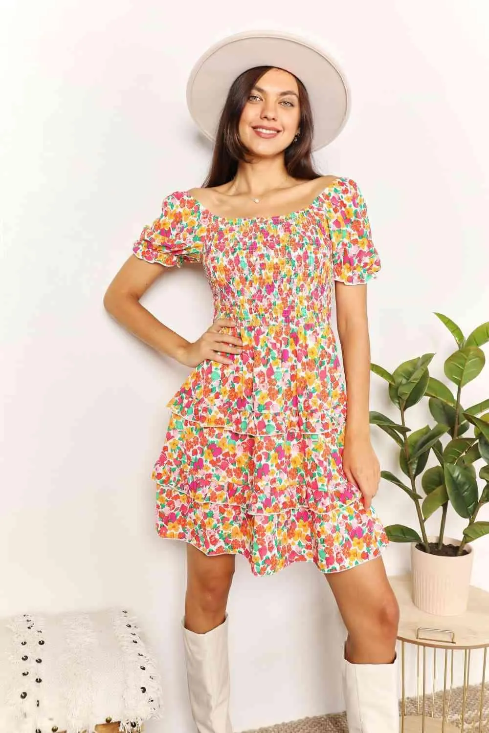 Double Take Smocked Sweetheart Neck Flounce Sleeve Mini