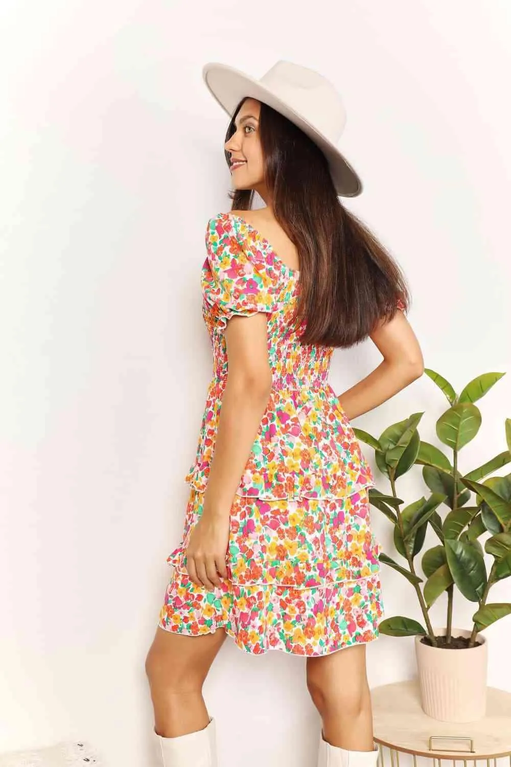 Double Take Smocked Sweetheart Neck Flounce Sleeve Mini