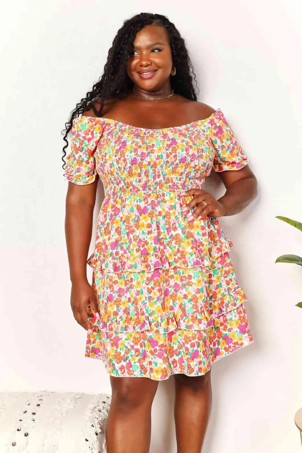 Double Take Smocked Sweetheart Neck Flounce Sleeve Mini