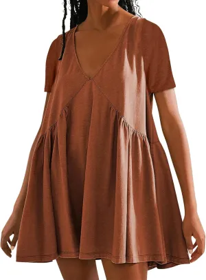 Dresses for Women Plus Size Casual Short Sleeve V Neck Mini Dress Summer Loose Fit Ruffle Hem Dresses 2025