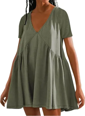 Dresses for Women Plus Size Casual Short Sleeve V Neck Mini Dress Summer Loose Fit Ruffle Hem Dresses 2025