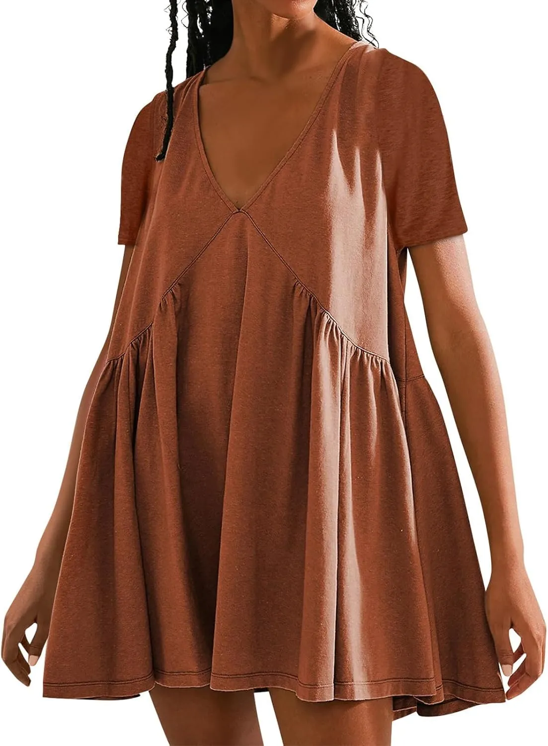 Dresses for Women Plus Size Casual Short Sleeve V Neck Mini Dress Summer Loose Fit Ruffle Hem Dresses 2025