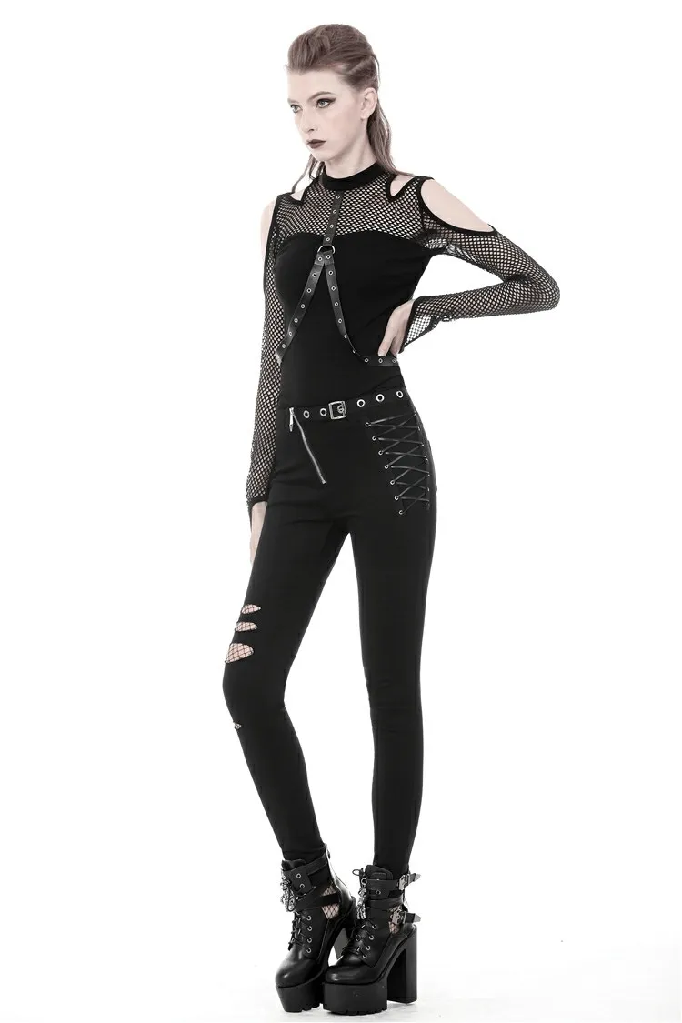 Edgy Black Mesh Cold Shoulder Top with Stud Details