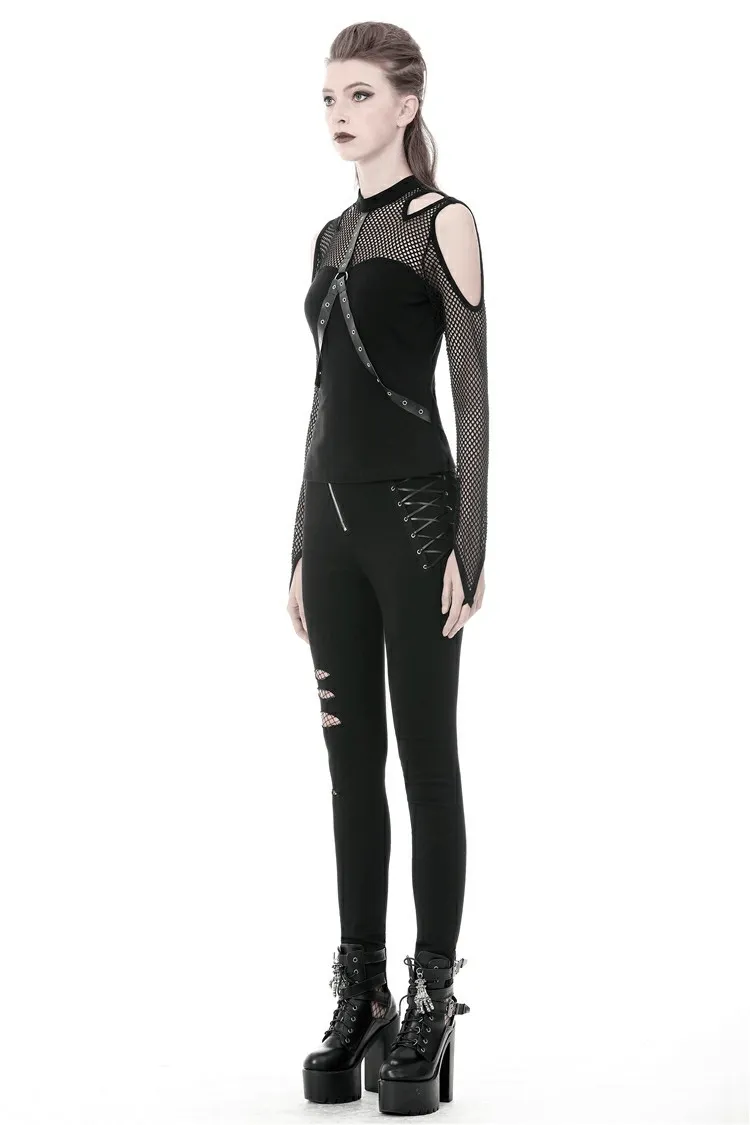 Edgy Black Mesh Cold Shoulder Top with Stud Details