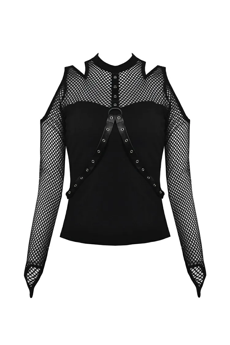 Edgy Black Mesh Cold Shoulder Top with Stud Details