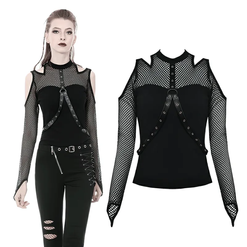 Edgy Black Mesh Cold Shoulder Top with Stud Details