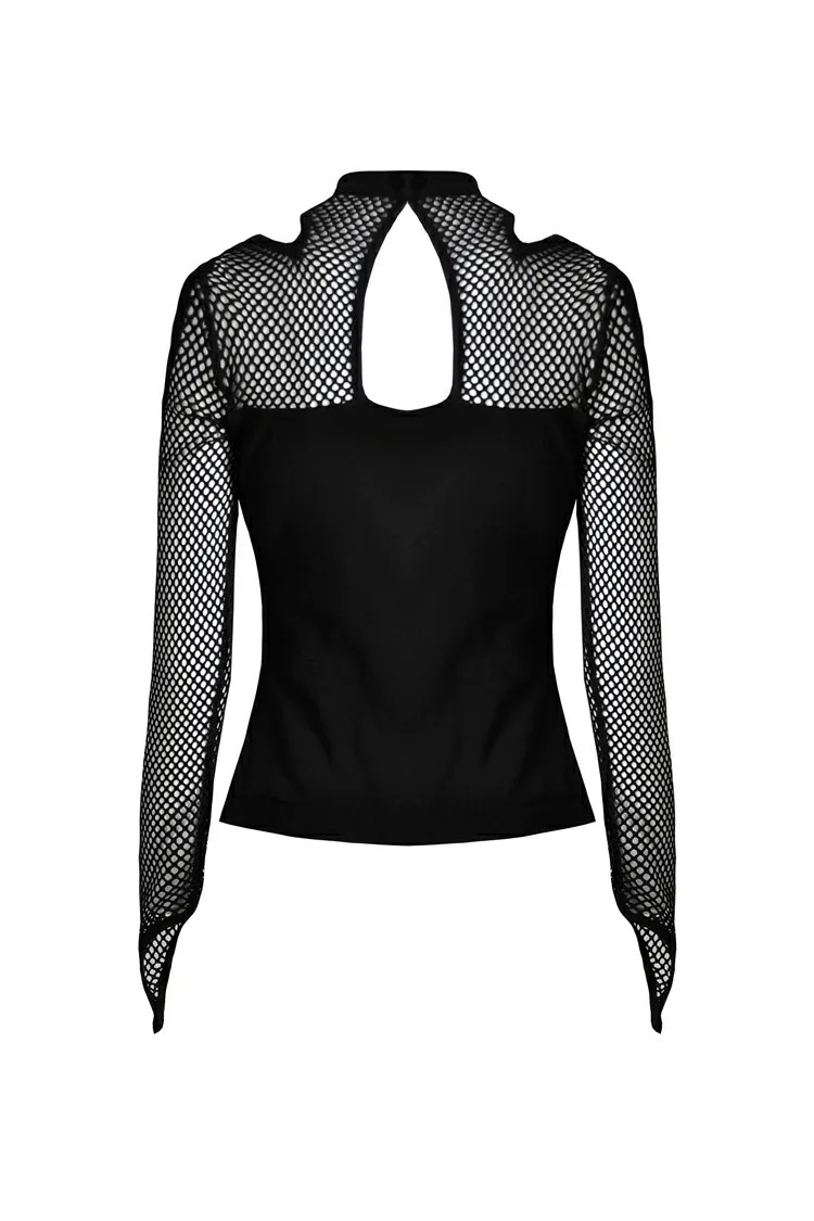 Edgy Black Mesh Cold Shoulder Top with Stud Details