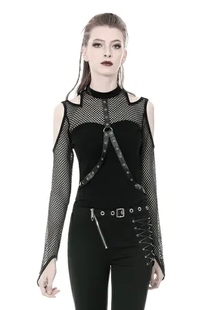 Edgy Black Mesh Cold Shoulder Top with Stud Details