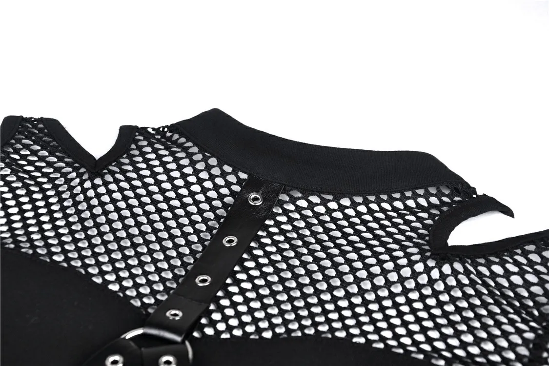 Edgy Black Mesh Cold Shoulder Top with Stud Details