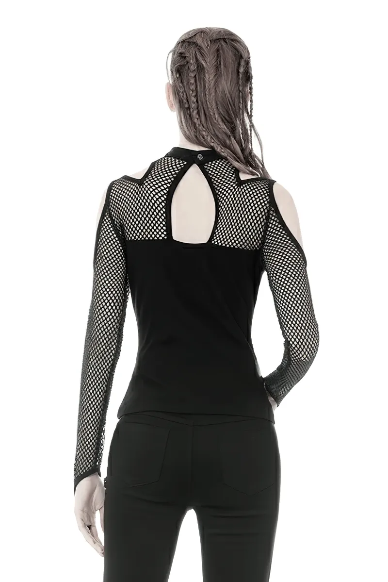 Edgy Black Mesh Cold Shoulder Top with Stud Details