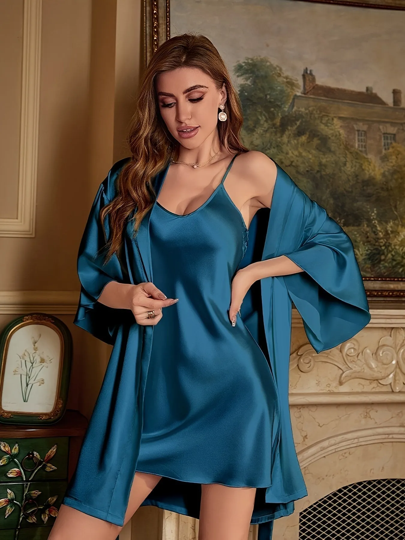 Elegant Satin Dress and Robe Set