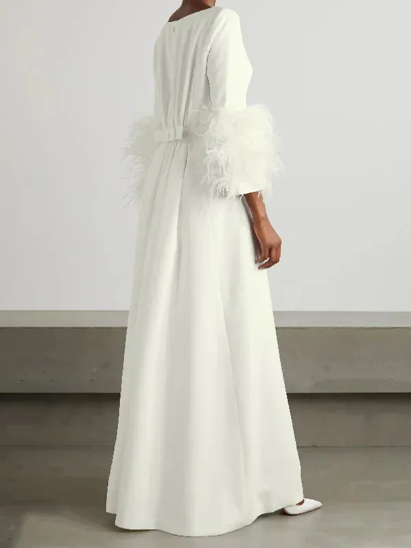 Elegant Simple Black And White Feather Long Sleeve Party Dress M 111150