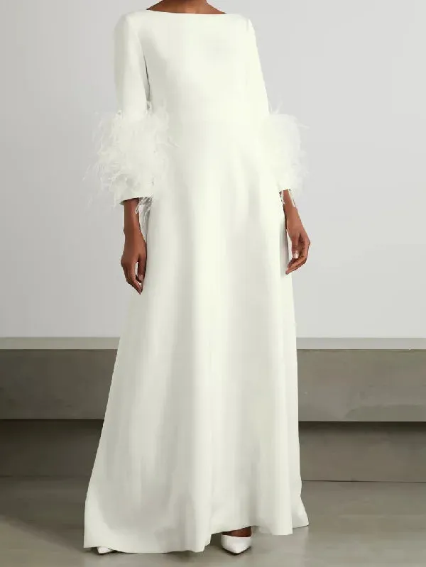 Elegant Simple Black And White Feather Long Sleeve Party Dress M 111150