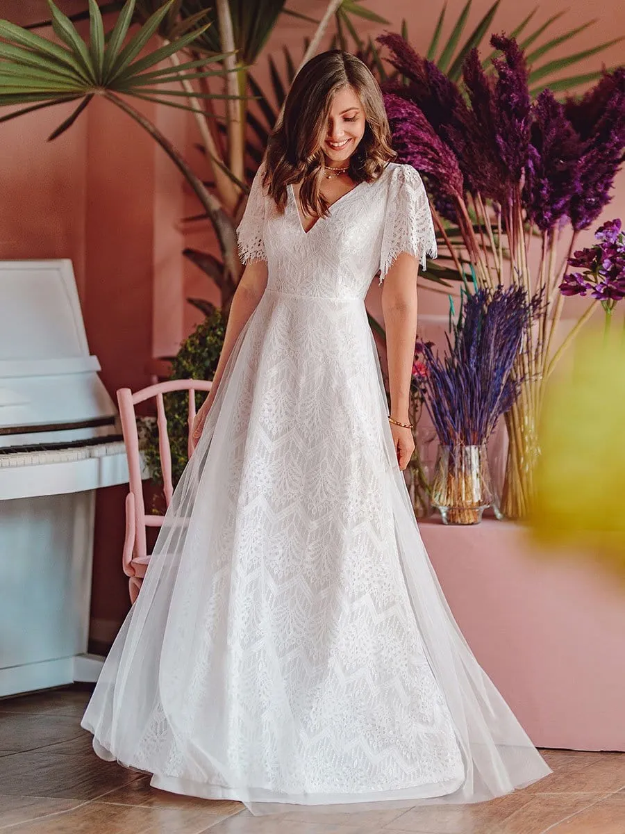 Elegant Simple Deep V Neck A-Line Lace & Tulle Wedding Dress