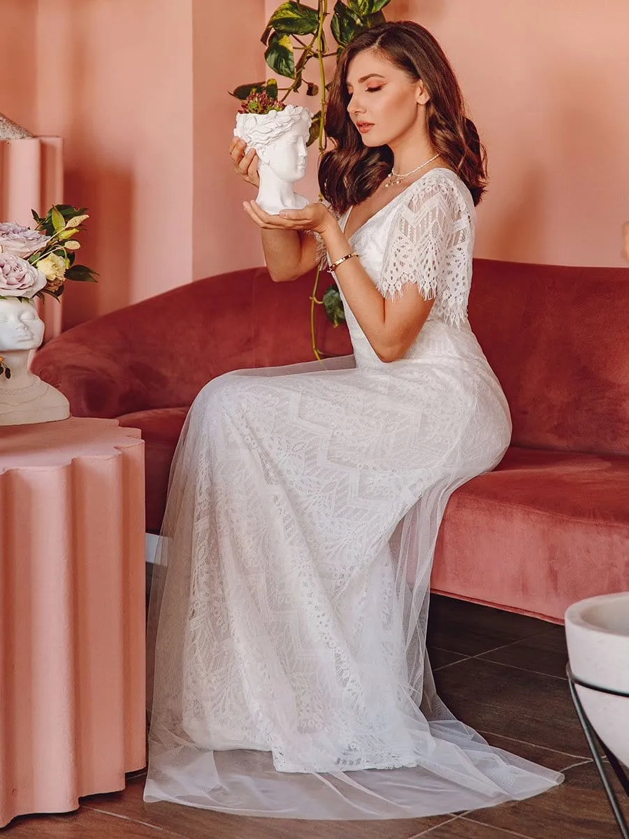 Elegant Simple Deep V Neck A-Line Lace & Tulle Wedding Dress
