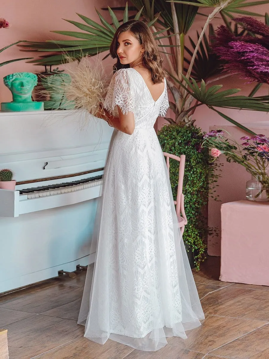 Elegant Simple Deep V Neck A-Line Lace & Tulle Wedding Dress