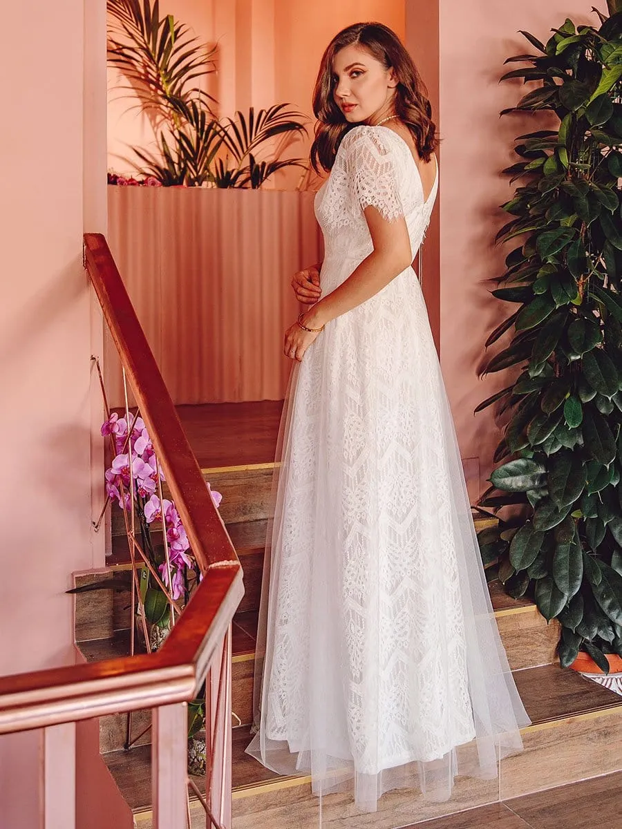 Elegant Simple Deep V Neck A-Line Lace & Tulle Wedding Dress