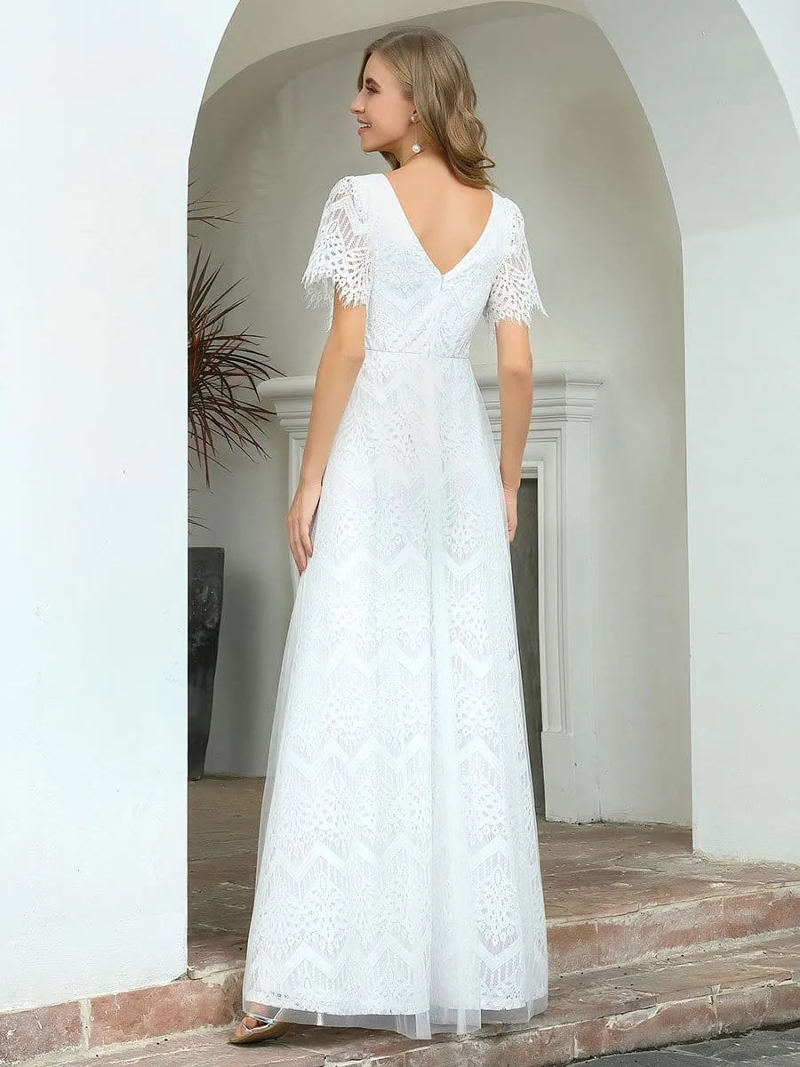 Elegant Simple Deep V Neck A-Line Lace & Tulle Wedding Dress
