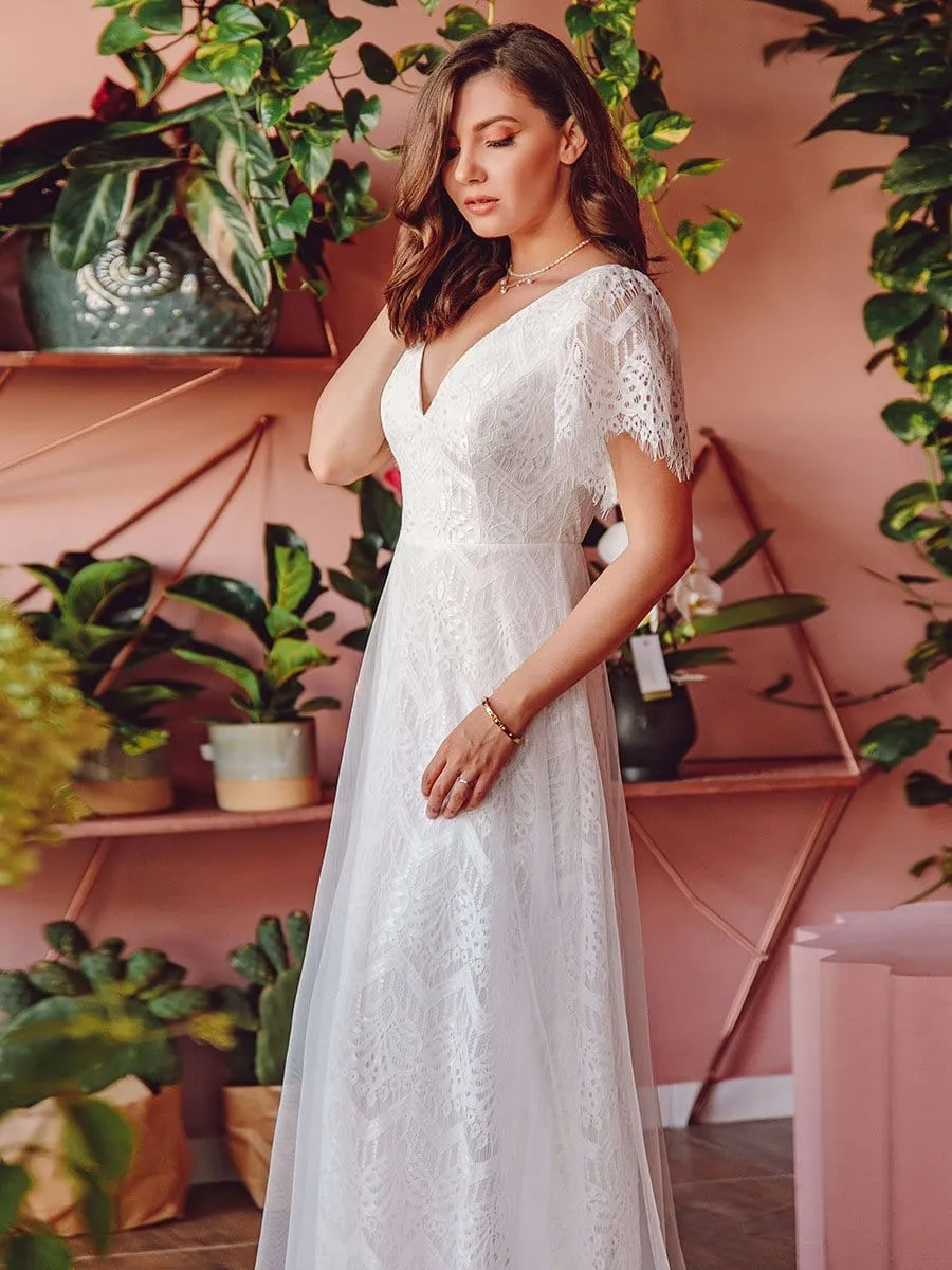Elegant Simple Deep V Neck A-Line Lace & Tulle Wedding Dress