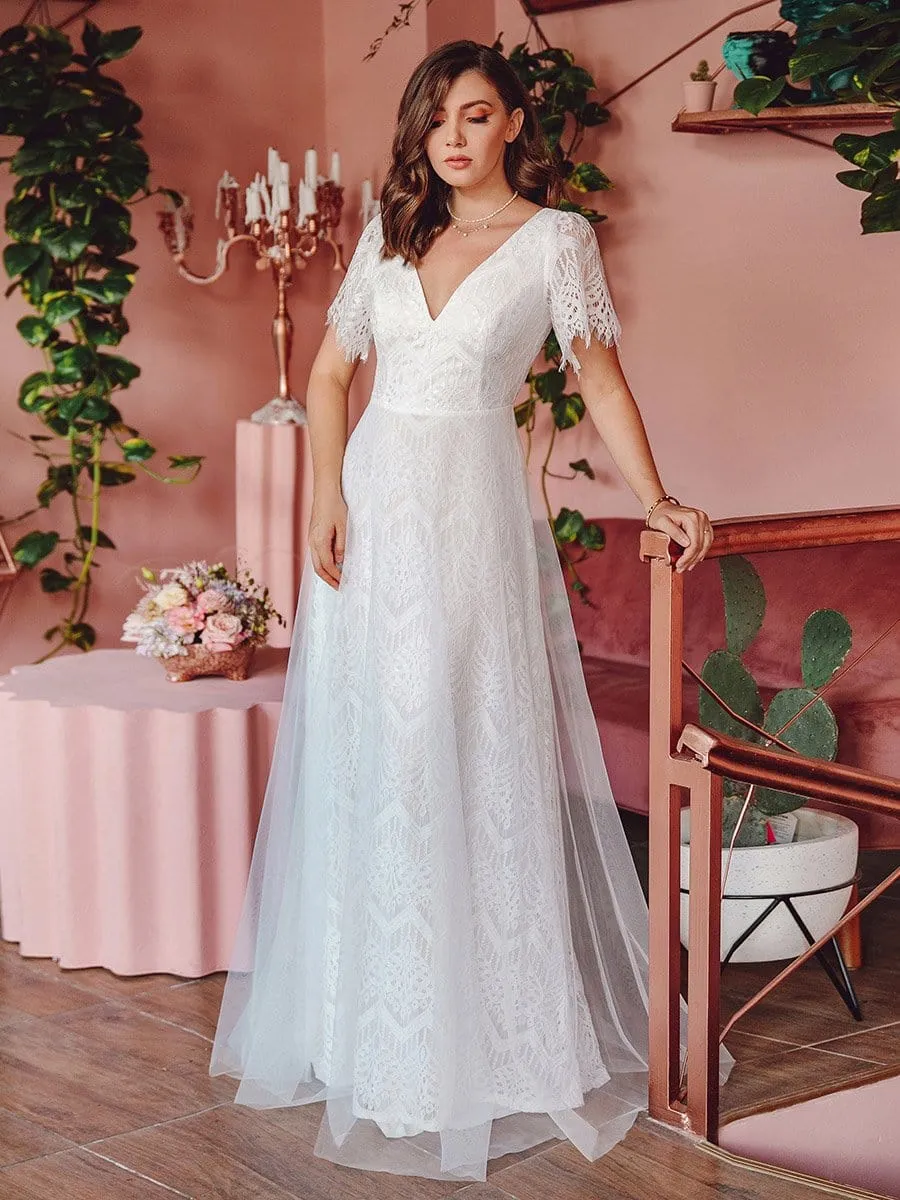 Elegant Simple Deep V Neck A-Line Lace & Tulle Wedding Dress