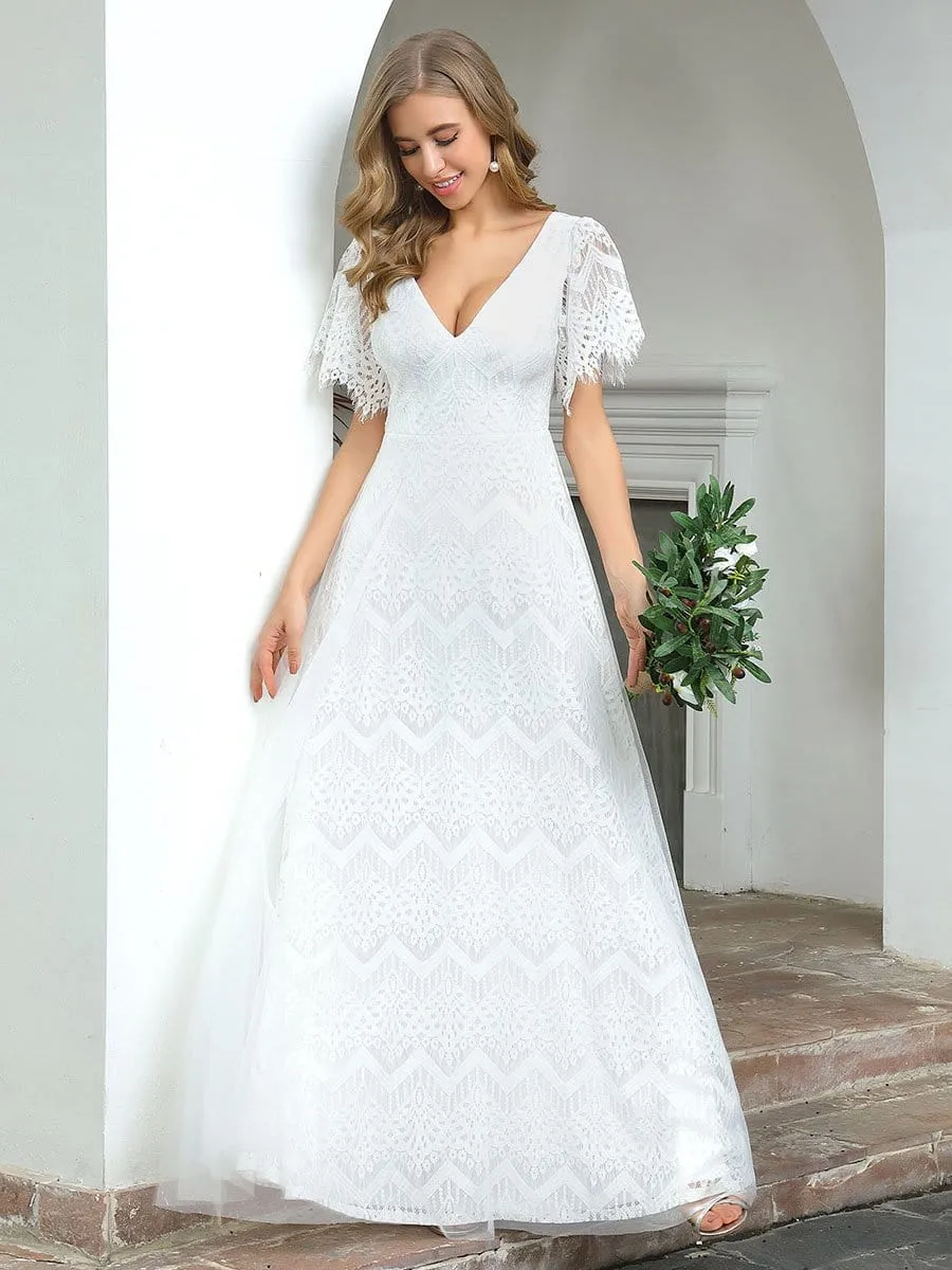 Elegant Simple Deep V Neck A-Line Lace & Tulle Wedding Dress