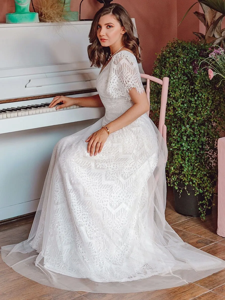 Elegant Simple Deep V Neck A-Line Lace & Tulle Wedding Dress