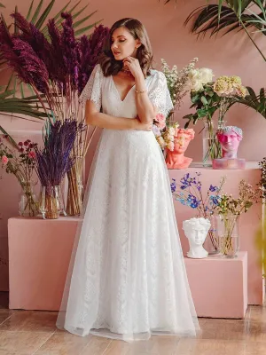 Elegant Simple Deep V Neck A-Line Lace & Tulle Wedding Dress