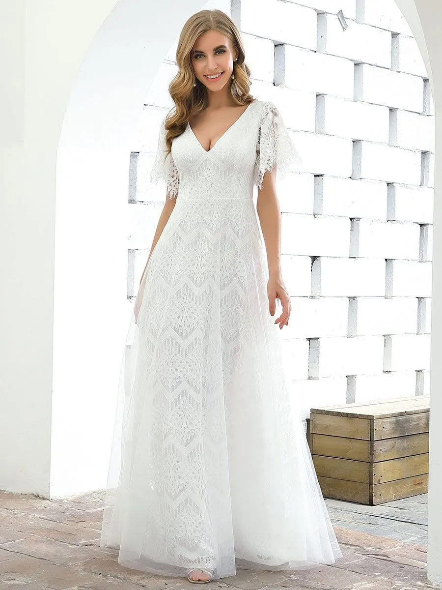 Elegant Simple Deep V Neck A-Line Lace & Tulle Wedding Dress