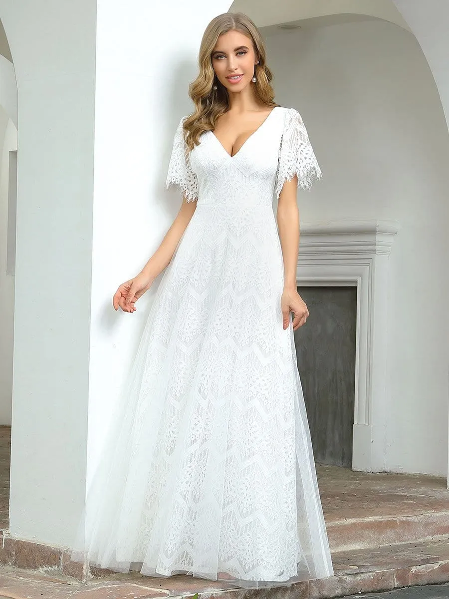 Elegant Simple Deep V Neck A-Line Lace & Tulle Wedding Dress