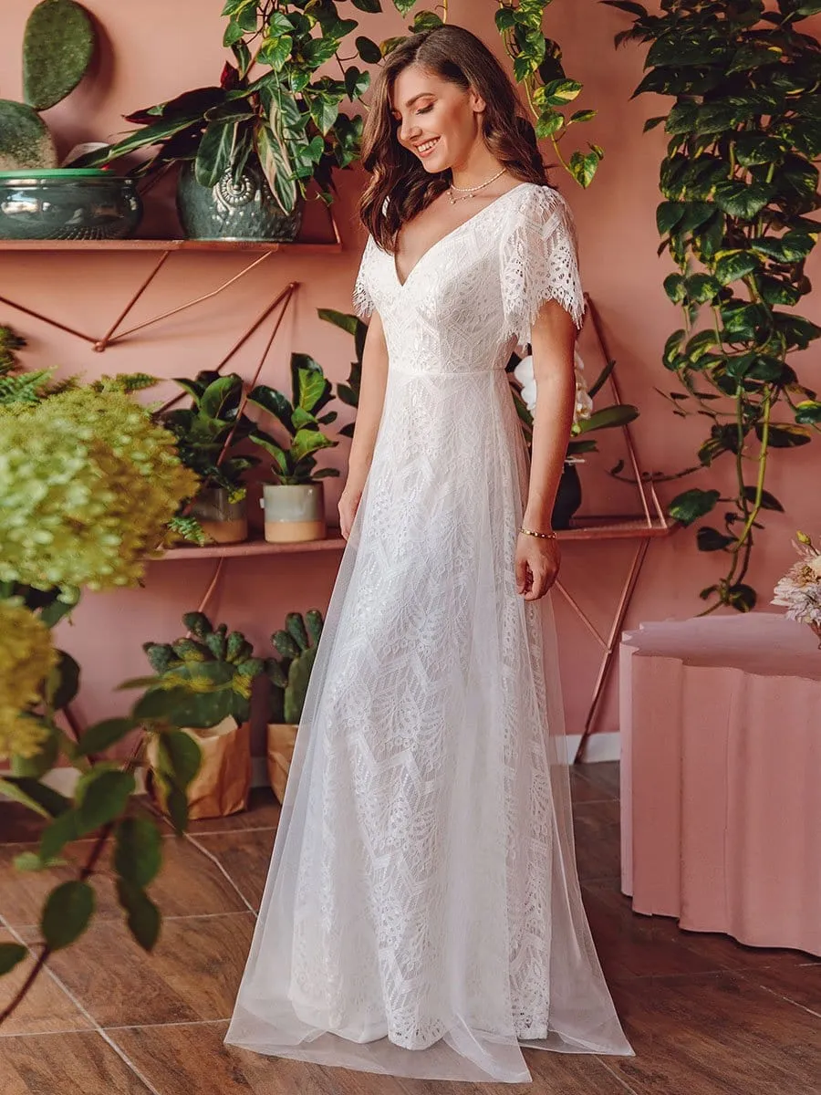 Elegant Simple Deep V Neck A-Line Lace & Tulle Wedding Dress