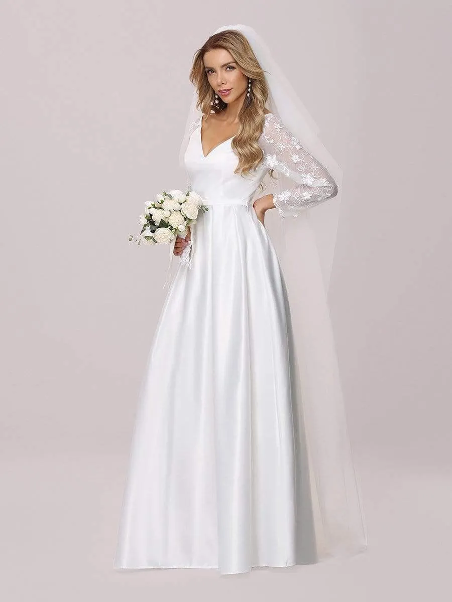Elegant Simple Satin Wedding Gown with Lace Long Sleeves