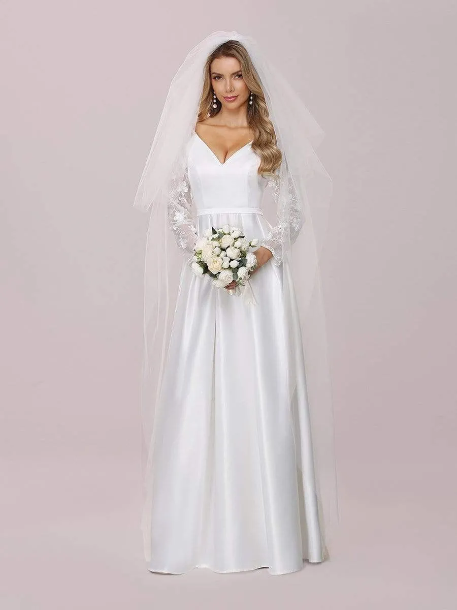 Elegant Simple Satin Wedding Gown with Lace Long Sleeves