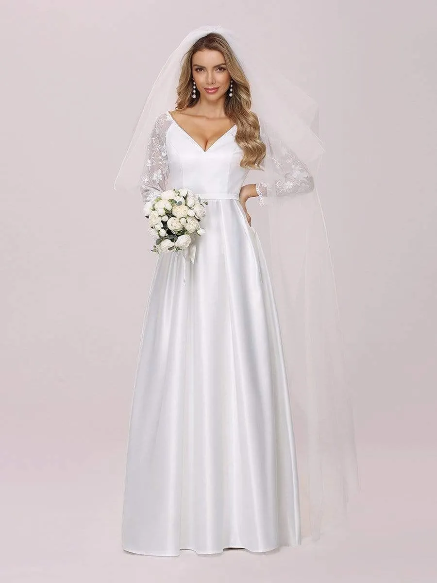 Elegant Simple Satin Wedding Gown with Lace Long Sleeves