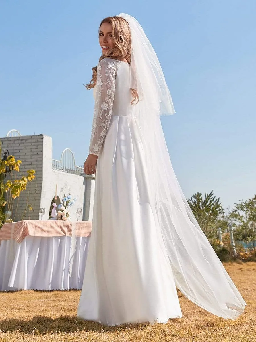 Elegant Simple Satin Wedding Gown with Lace Long Sleeves
