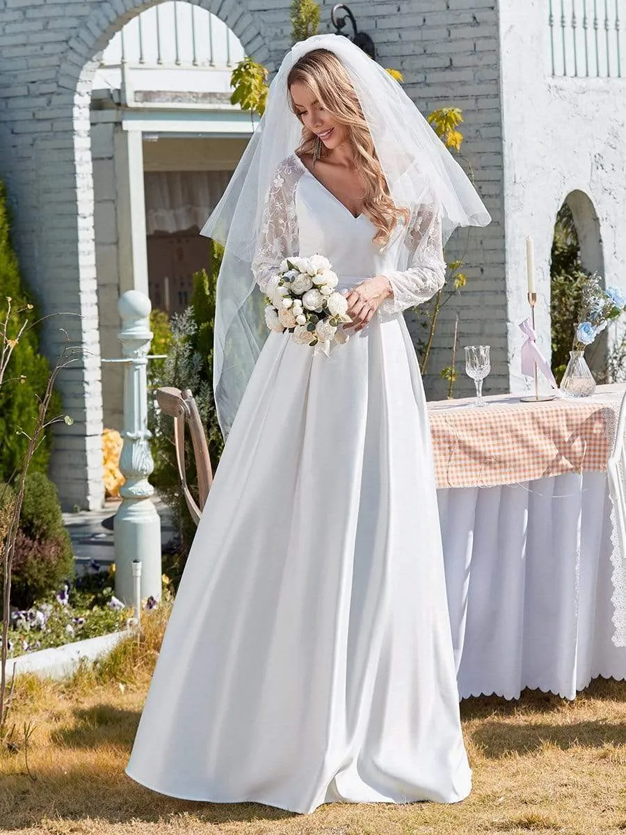 Elegant Simple Satin Wedding Gown with Lace Long Sleeves
