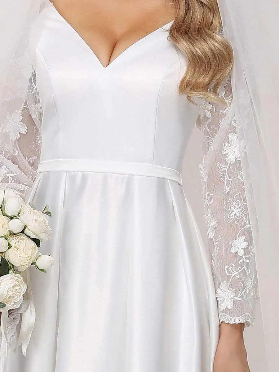 Elegant Simple Satin Wedding Gown with Lace Long Sleeves