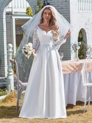 Elegant Simple Satin Wedding Gown with Lace Long Sleeves