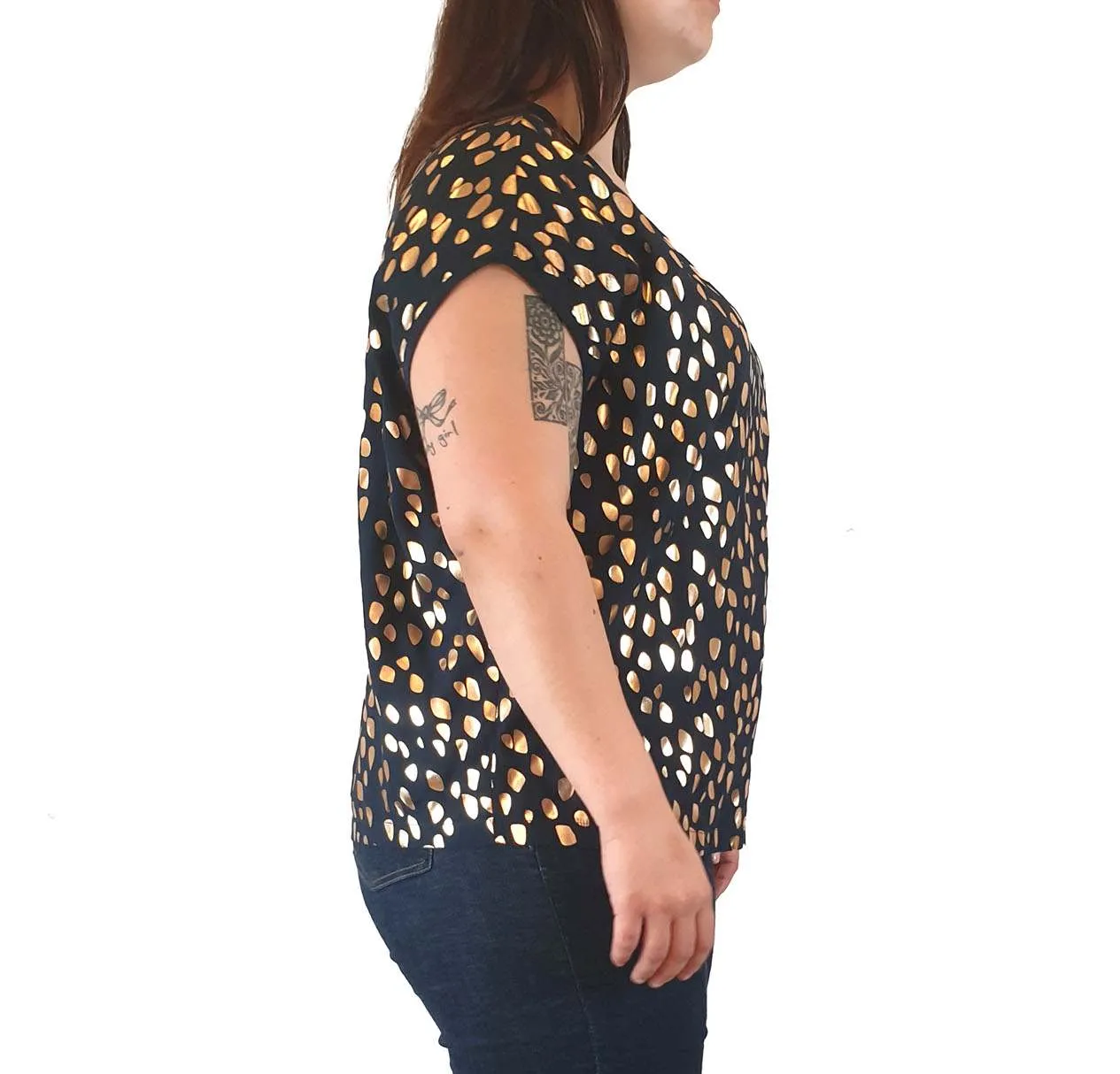 Elk black top with gold asymmetrical dot print size 14
