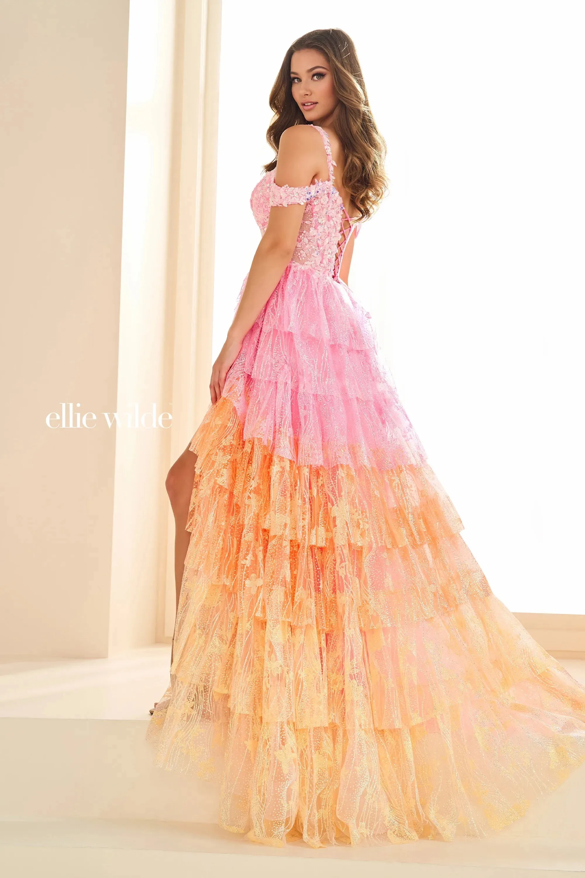 Ellie Wilde EW36037 Size 2,12,14 Berry Layered Tulle Ombre Prom Dress Glow Dark Corset Slit off the shoulder Sequin