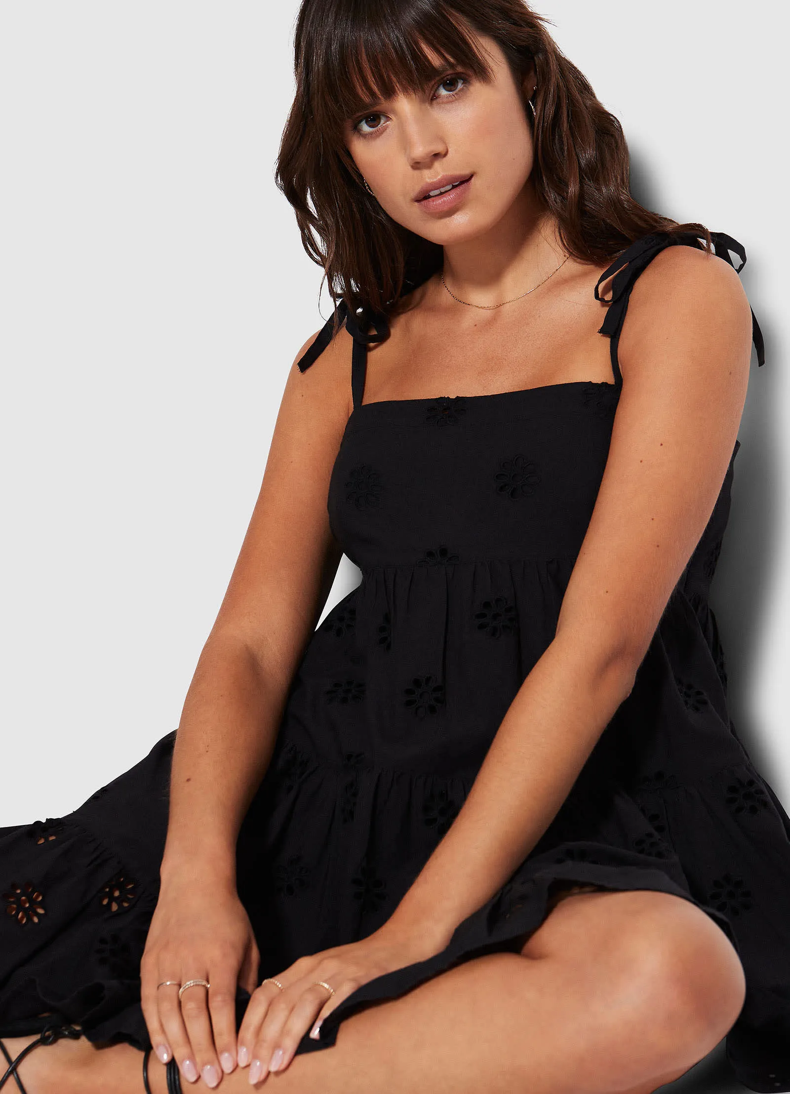 Embroidery Tier Dress  - Black