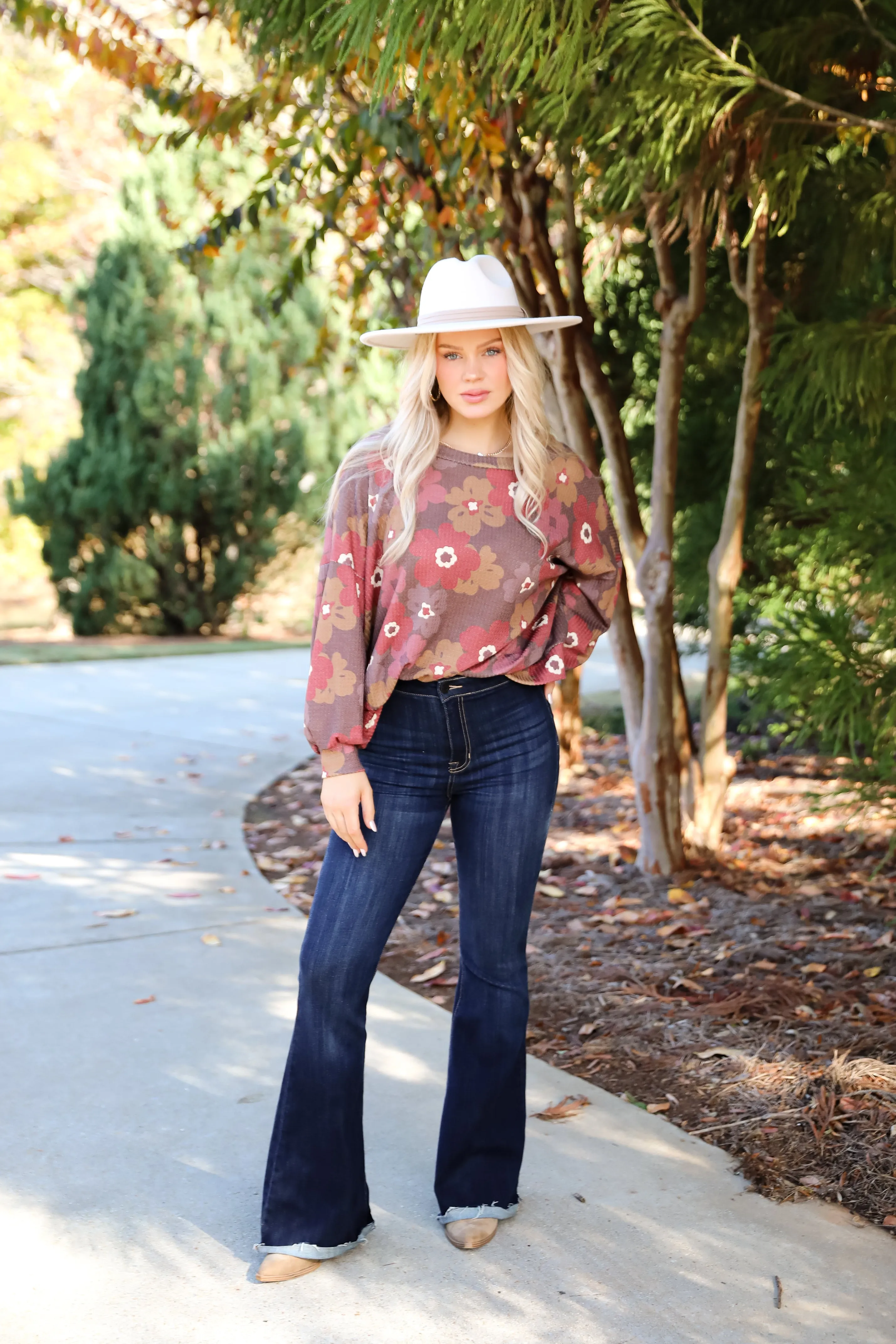 FINAL SALE - Special Sweetness Mocha Floral Waffle Knit Top - DOORBUSTER