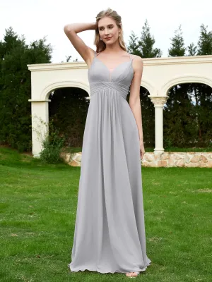 Floor Length V Neck Chiffon Bridesmaid Gown Silver Plus Size