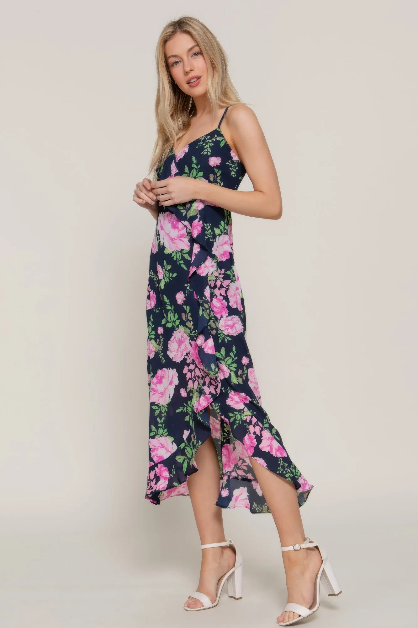 Floral Print Ruffle Slip Midi Dress