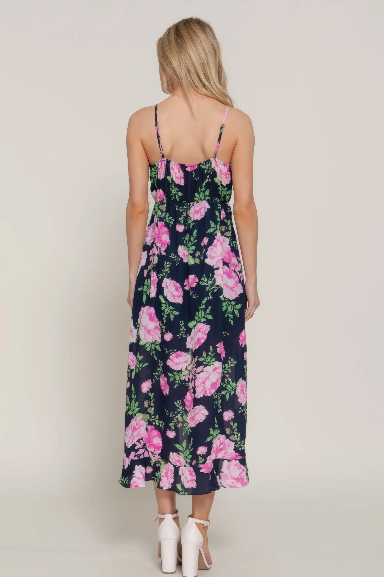 Floral Print Ruffle Slip Midi Dress