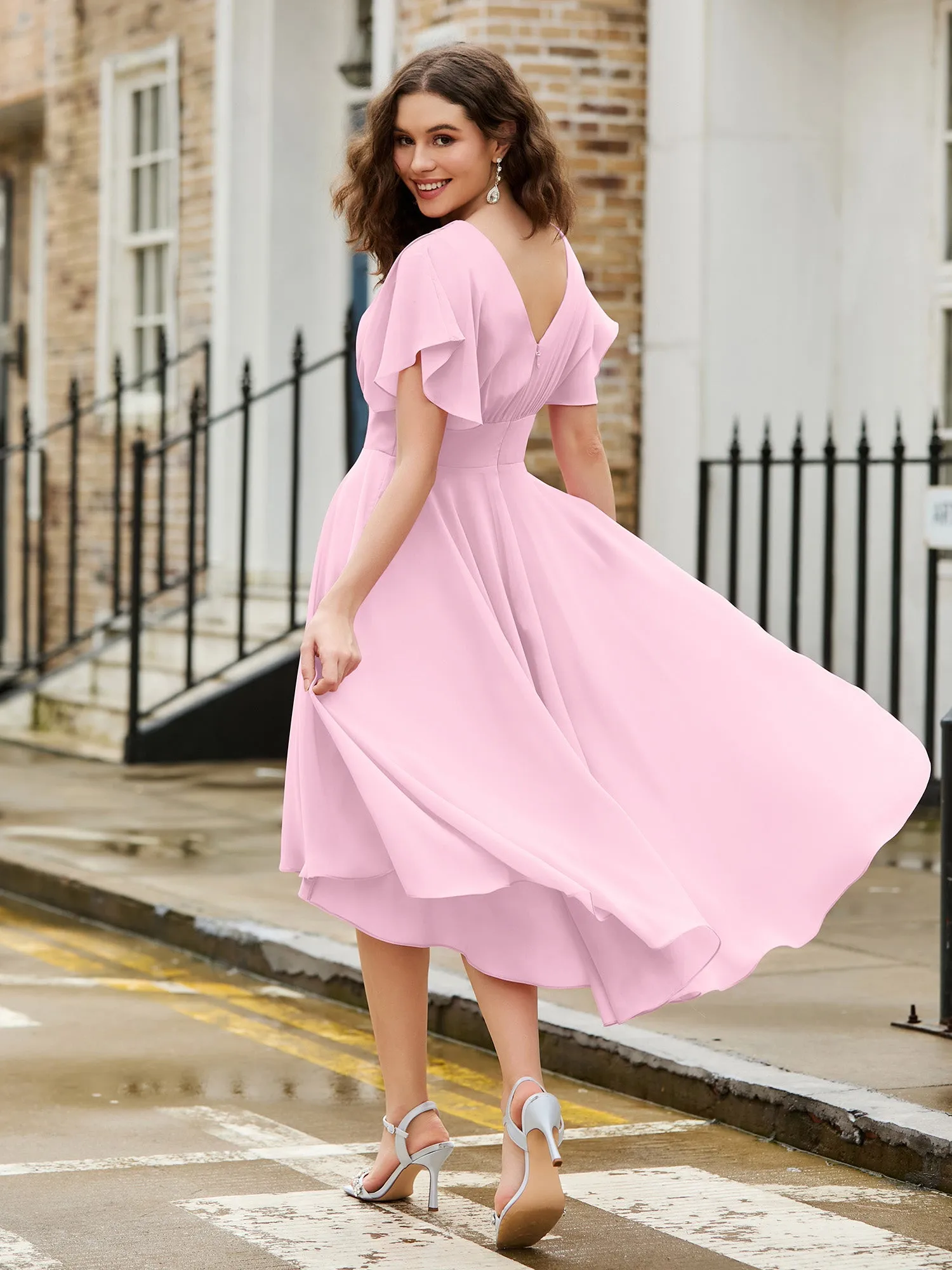 Flutter Sleeves Jewel Neckline Chiffon Dress Blushing Pink