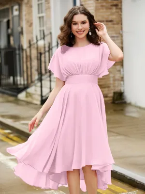 Flutter Sleeves Jewel Neckline Chiffon Dress Blushing Pink