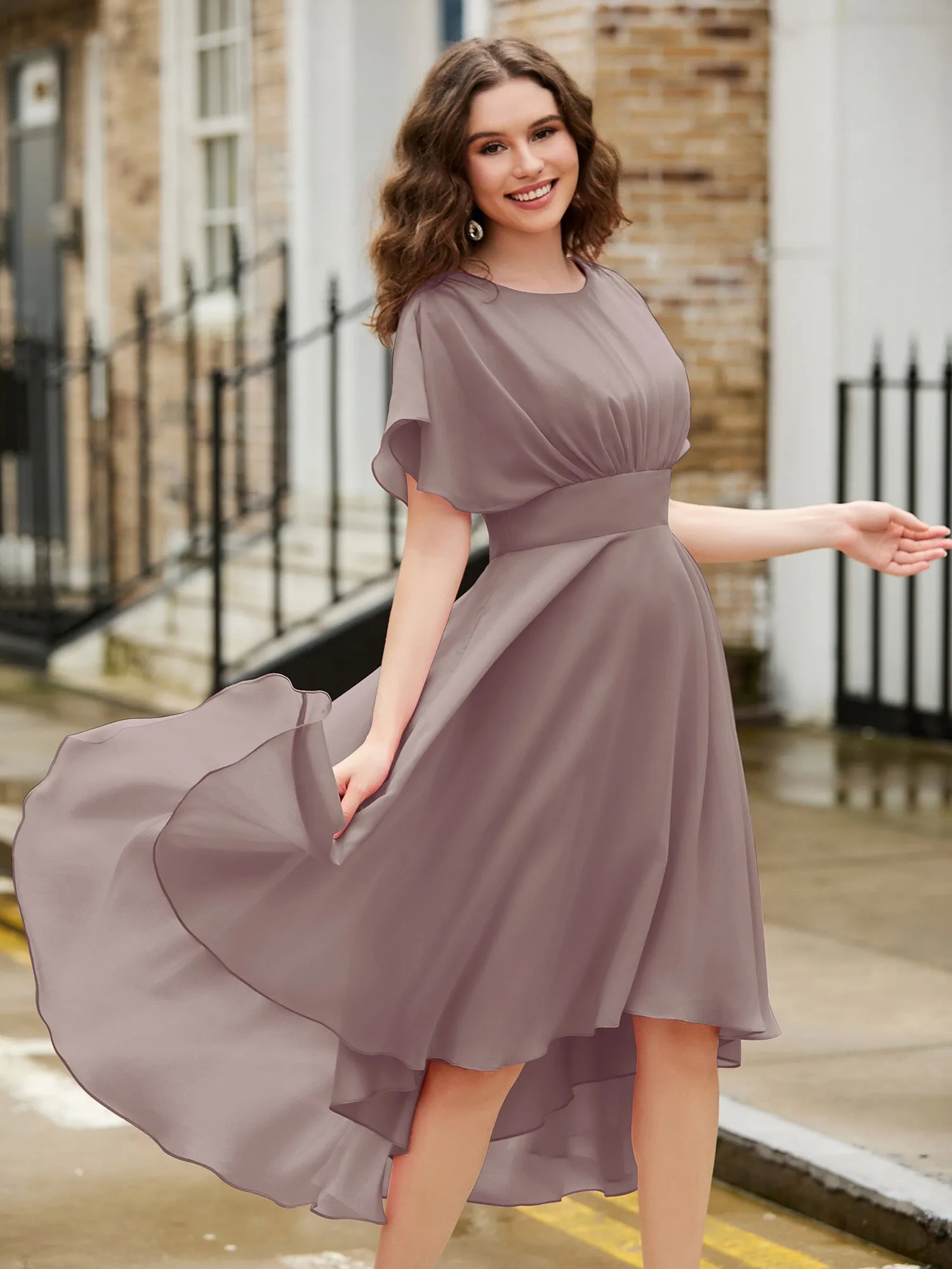 Flutter Sleeves Jewel Neckline Chiffon Dress Dusk