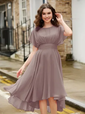 Flutter Sleeves Jewel Neckline Chiffon Dress Dusk