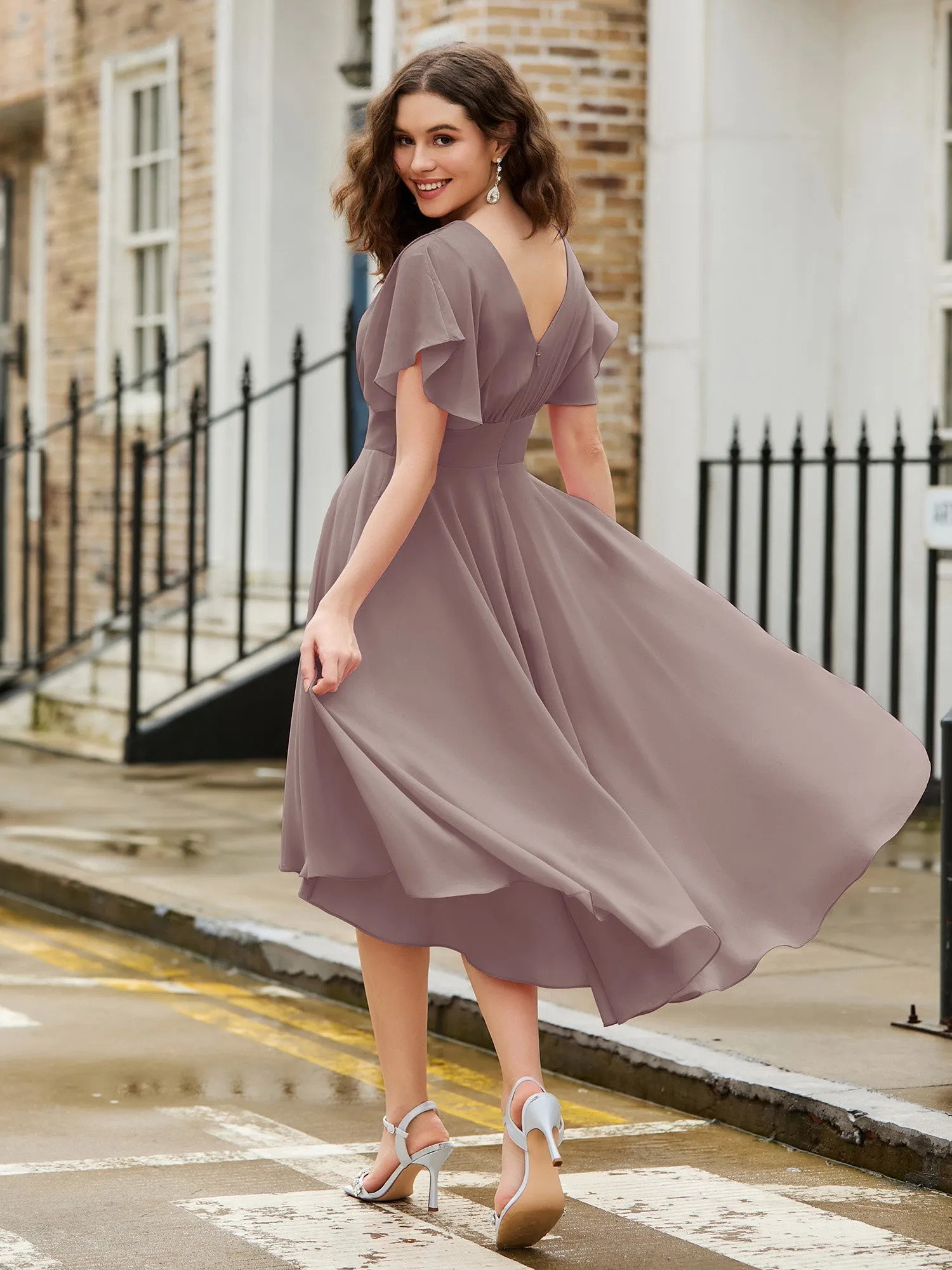 Flutter Sleeves Jewel Neckline Chiffon Dress Dusk